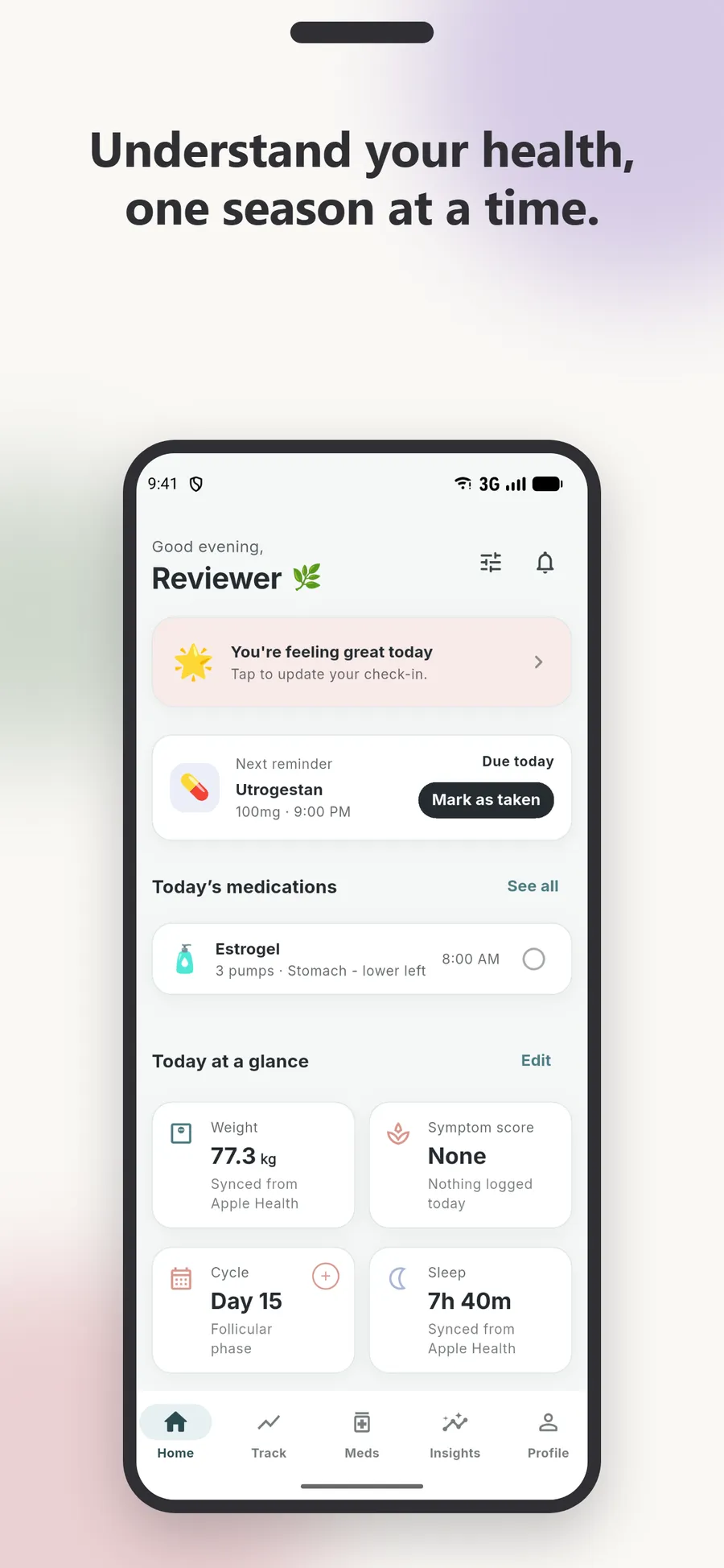 Persephone home screen, showing today’s check-in and a connected view of recent health data