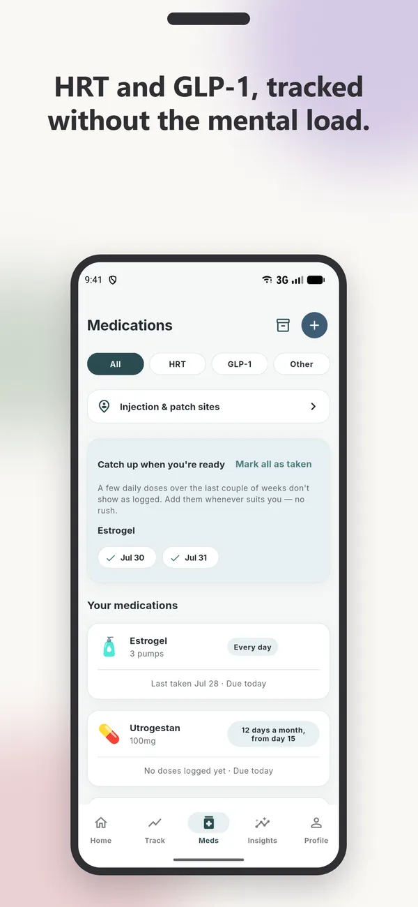 Persephone medication tracking screen for HRT and GLP-1 doses