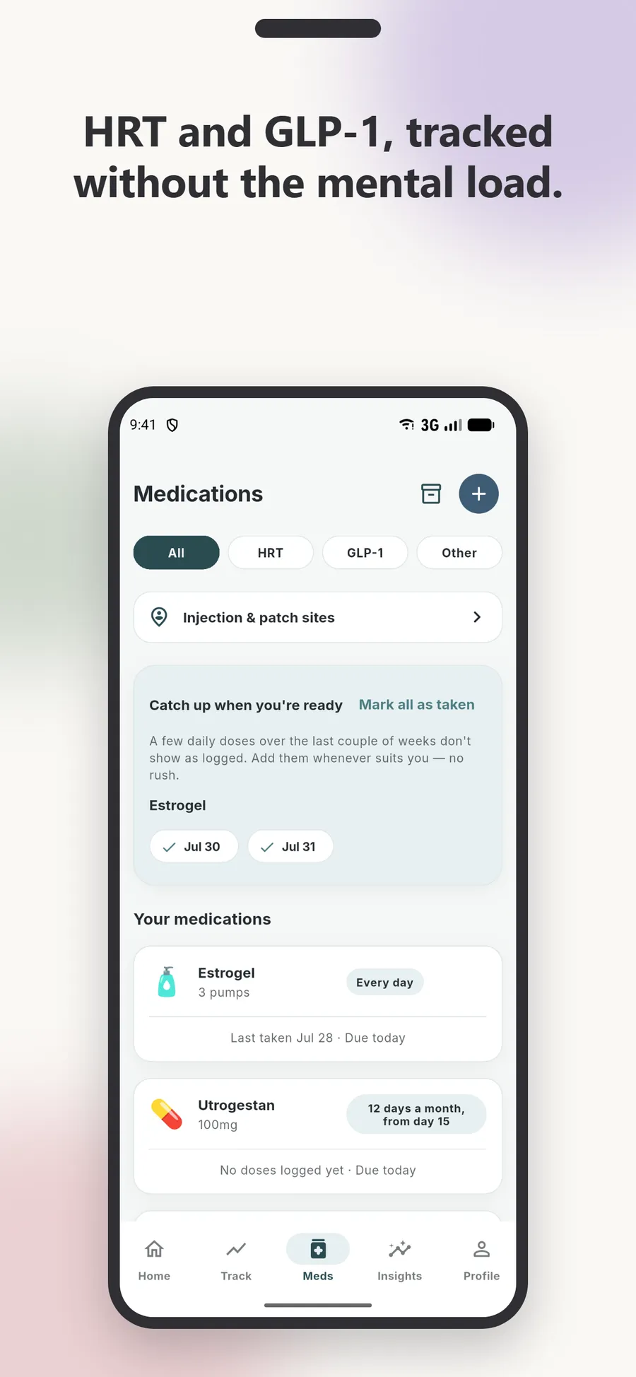 Persephone medication tracking screen for HRT and GLP-1 doses