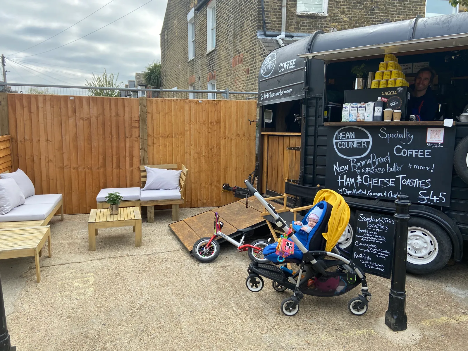 Bean Counter's seating area and menu board
